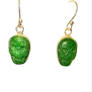 Green Jade & Sterling Silver Dangle Spooky Skull Earrings